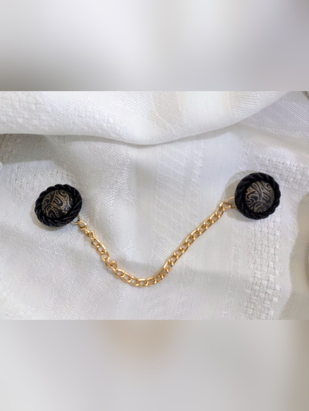Vintage-Inspired Sweater Clip Black & Gold Paisley Patterned Buttons